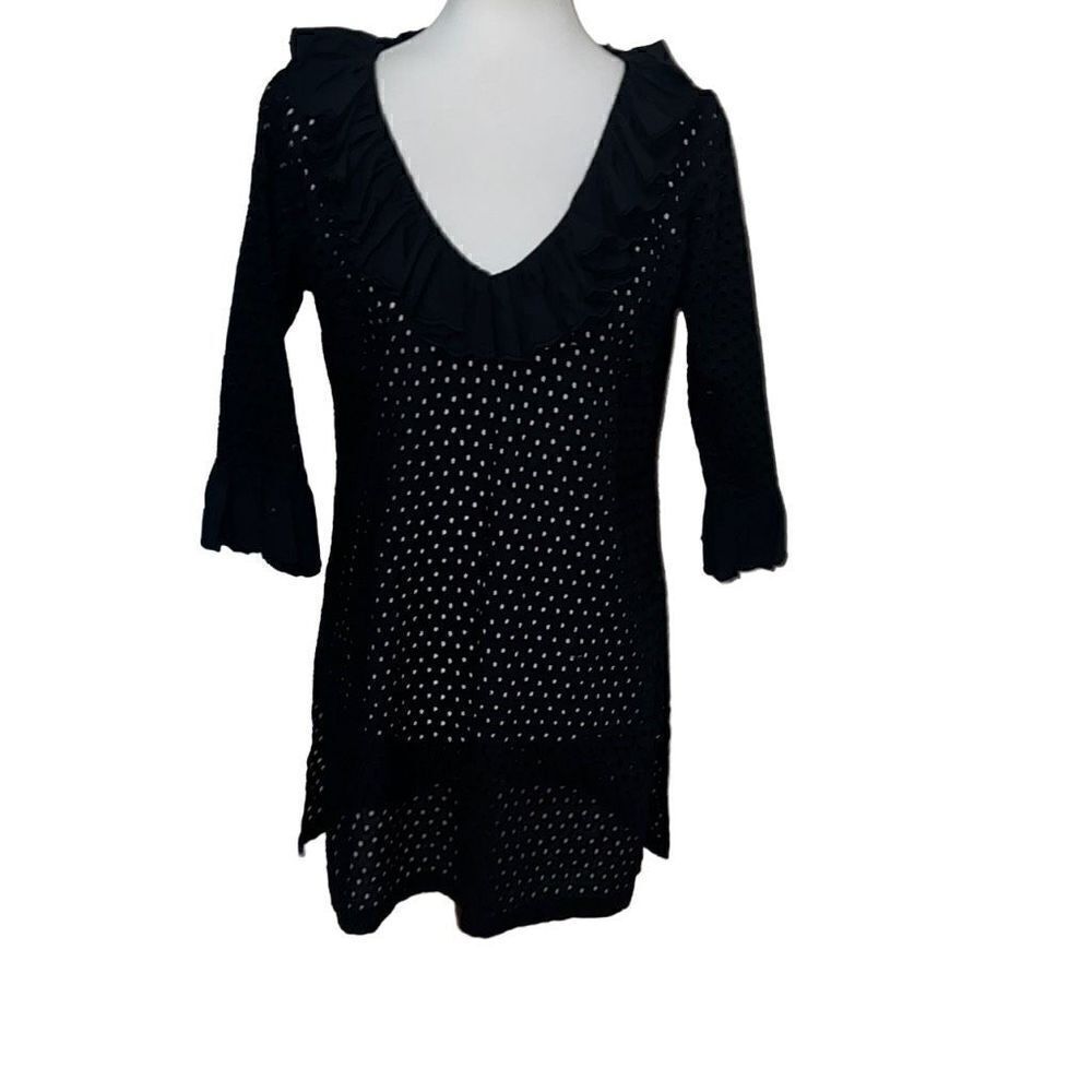 Gretchen Scott Designs Black Eyelet Tunic Swim Coverup Ruffle Neck sz S Small